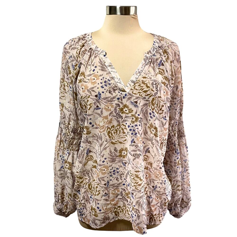 Koko + Mason Beige Blue Floral Boho Peasant Blouse‎ Size L Cottagecore Shimmer